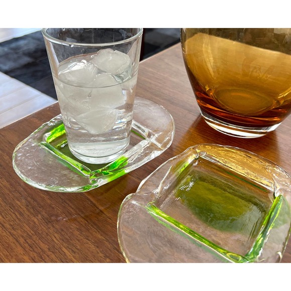 Two Modern Oval Green and Clear Glass Coasters - Picture 7 of 9
